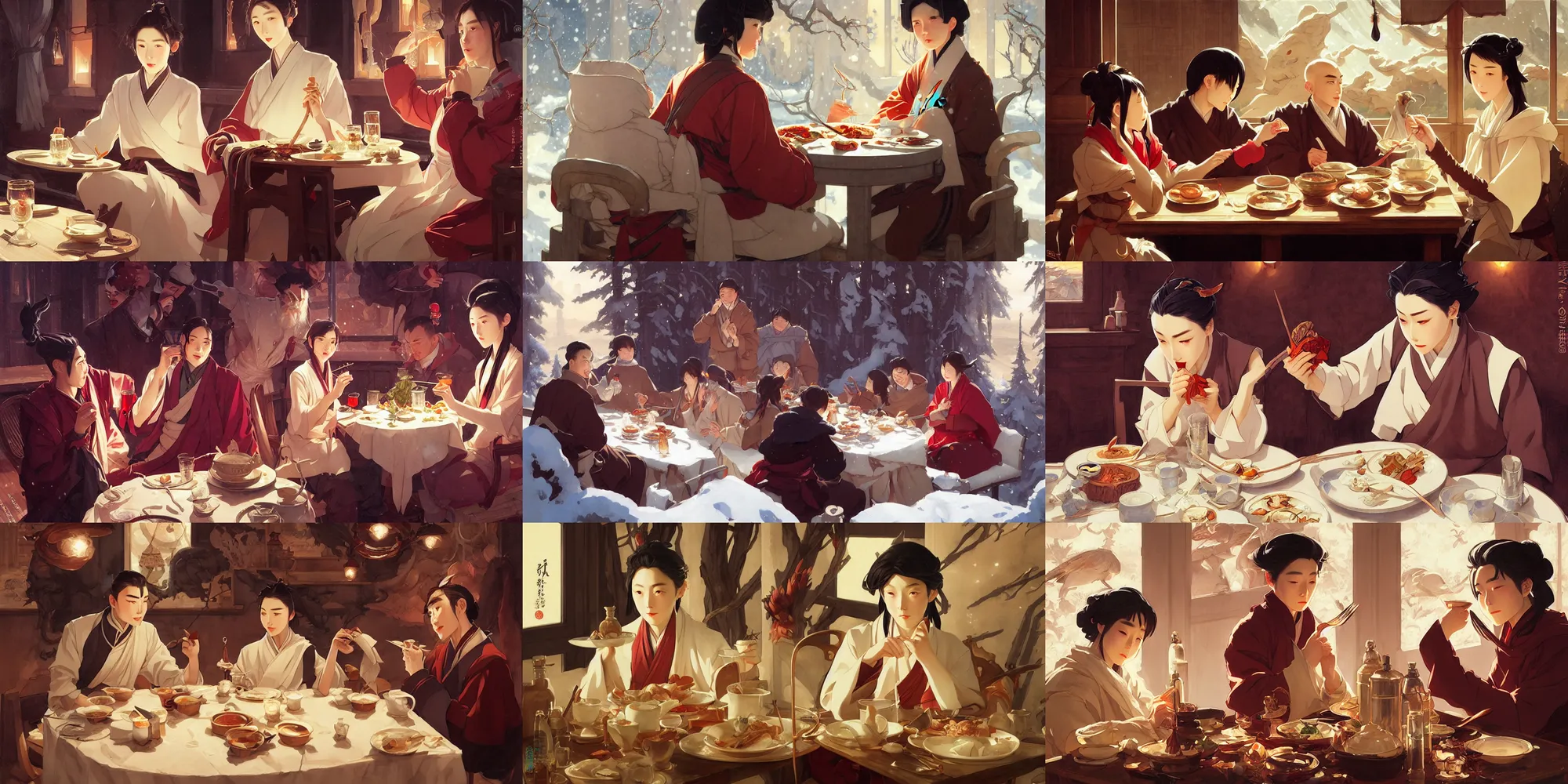 Prompt: xianxia, having dinner, winter, in the style of studio ghibli, j. c. leyendecker, greg rutkowski, artem