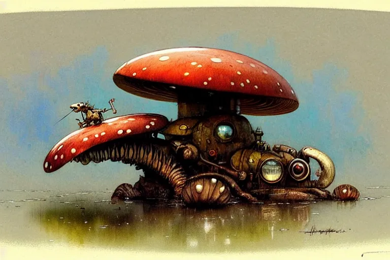 Image similar to adventurer ( ( ( ( ( 1 9 5 0 s retro future robot mouse amphibious vehical home. muted colors. swamp mushrooms ) ) ) ) ) by jean baptiste monge!!!!!!!!!!!!!!!!!!!!!!!!! chrome red