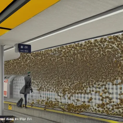 Image similar to a subway station overrun by bees, trending on art station