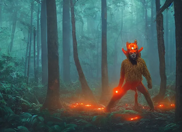 Image similar to dozens of orange safety cones are spread around a beautiful strange forest, a man in a hairy gorrilla costume sri lankan mahasona yaka devil beast in a mask dances in ritual in the center distance, cinematic painting by james jean, atomspheric lighting, moody lighting, dappled light, detailed, digital art, limited color palette, wes anderson, artstation