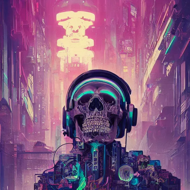 Image similar to a beautiful painting of a ( cyberpunk ) skull by simon stalenhag and pascal blanche and alphonse mucha! and nekro. in style of digital art. colorful comic, film noir, symmetry, hyper detailed. octane render. trending on artstation