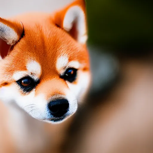 Image similar to close up photo of a tiny shiba inu, cinematic, shallow dof, 3 5 mm, 4 k, macro