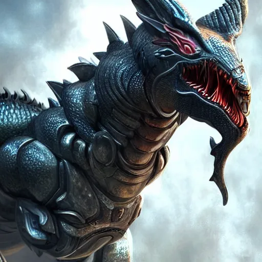 Image similar to stunning cinematic realistic full-body shot, of a beautiful hot anthropomorphic robot female dragon, well designed highly detailed cute female dragon head with slick elegant eyes, a beautiful snout and maw, looking down at the camera with a smirk, well armored, detailed claws, high quality, HD octane render, fantasy, furry art, Artstation, Deviantart, Furaffinity