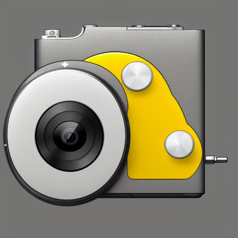 Prompt: photograph of a white and yellow medium format camera that looks like an ipod shuffle!!. big shiny lens. apple's design. apple's logo. keep it simple. plain grey background. object centered. highly detailed. shiny lens. artstation, concept art, symmetry, smooth, shallow focus, commercial photography