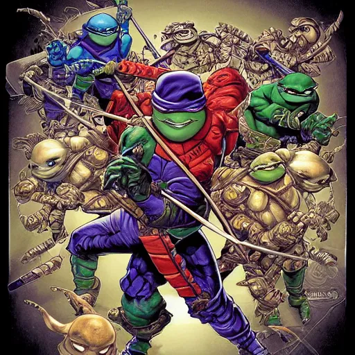 Prompt: portrait of crazy teenage mutant ninja turtle, symmetrical, by yoichi hatakenaka, masamune shirow, josan gonzales and dan mumford, ayami kojima, takato yamamoto, barclay shaw, karol bak, yukito kishiro