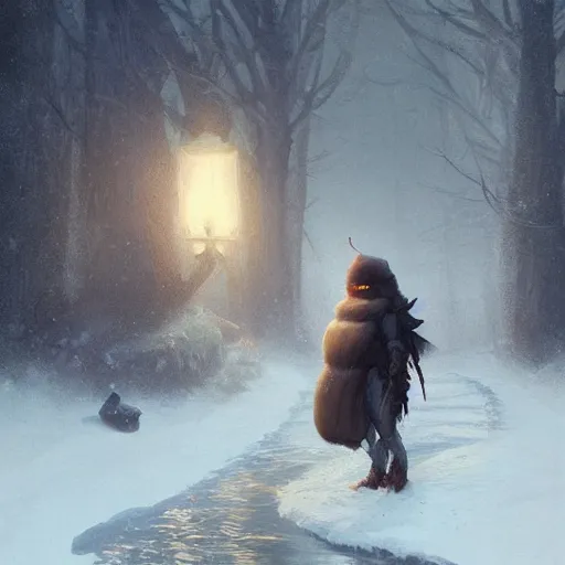 Image similar to anthropomorphic turtle humanoid, carapace, greg rutkowski, blizzard, winter, night, furs, fantasy