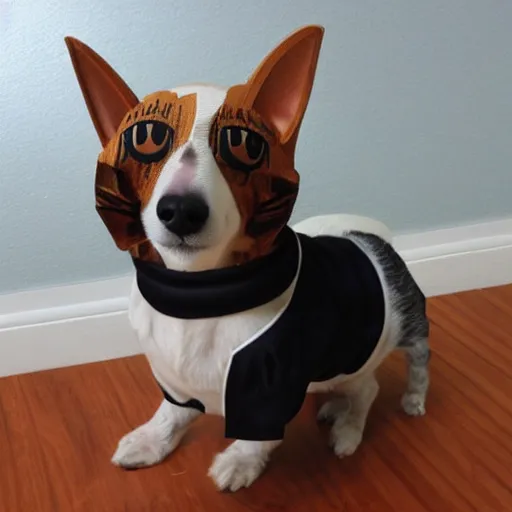 Prompt: a dog dressed like a cat