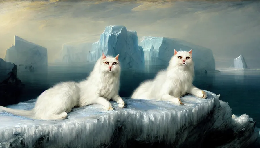 Image similar to highly detailed painting of white giant griffon cat seals on a blue and white iceberg by william turner, by greg rutkowski, by william constable, thick brush strokes and visible paint layers, 4 k resolution