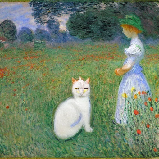 Prompt: manon, gregoire and a white cat with yellow eyes in a field of poppy, by monet