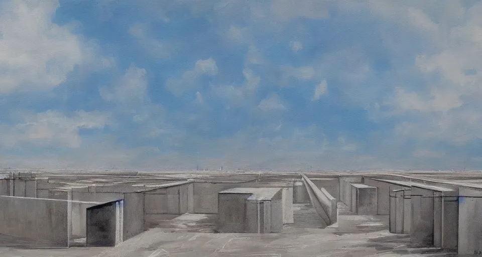 Prompt: world of only concrete, a flat endless plane of concrete covered in thin, very tall concrete pillars talk enough to go above the frame that go on to the horizon, open sky, blue sky with clouds, god rays, beautiful painting, oil on canvas, by Ewa Czarniecka, award winning masterpiece,