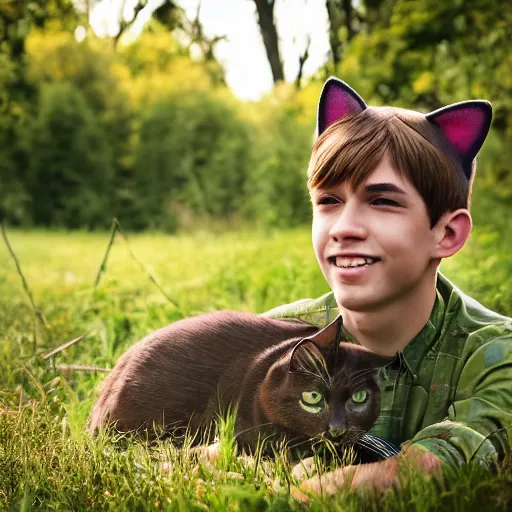 Prompt: A pretty young man with cat ears in his natural habitat. 4K National Geographic photograph