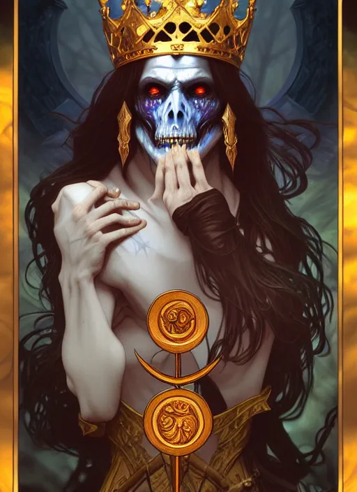 Image similar to undead king, tarot card, highly detailed, deep focus, elegant, digital painting, smooth, sharp focus, illustration, ultra realistic, 8 k, art by artgerm and alphonse mucha