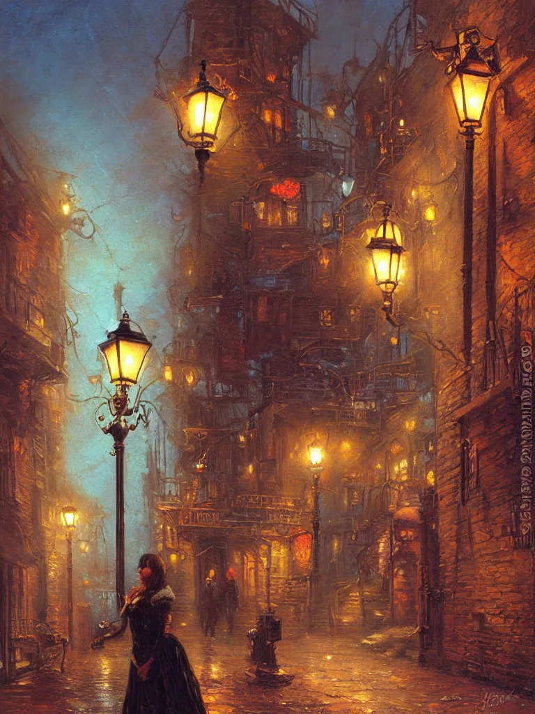 Prompt: oil painting steampunk alley thin Victorian lady under a street lamp by James Gurney, Thomas Kinkade, Ralph Horsley vivid color