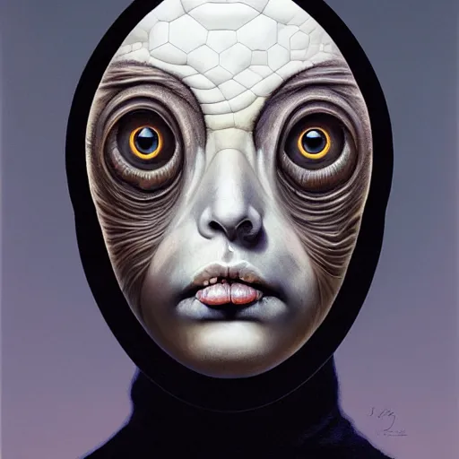 Image similar to a strange surrealist looming biomorphic portrait of a woman with large eyes wearing a black turtleneck by dali, marco mazzoni, james jean, todd school and rachel ruysch, emotionally evoking, head in focus, volumetric lighting, oil painting, timeless masterpiece, rendered in octane - h 7 0 4