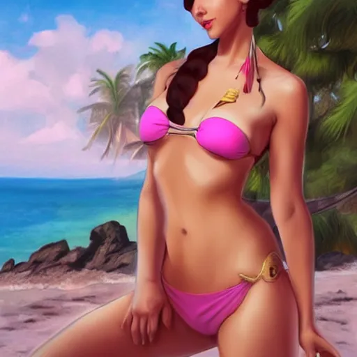 Image similar to beautiful princess leia in a bikini on the beach drawn by artgerm
