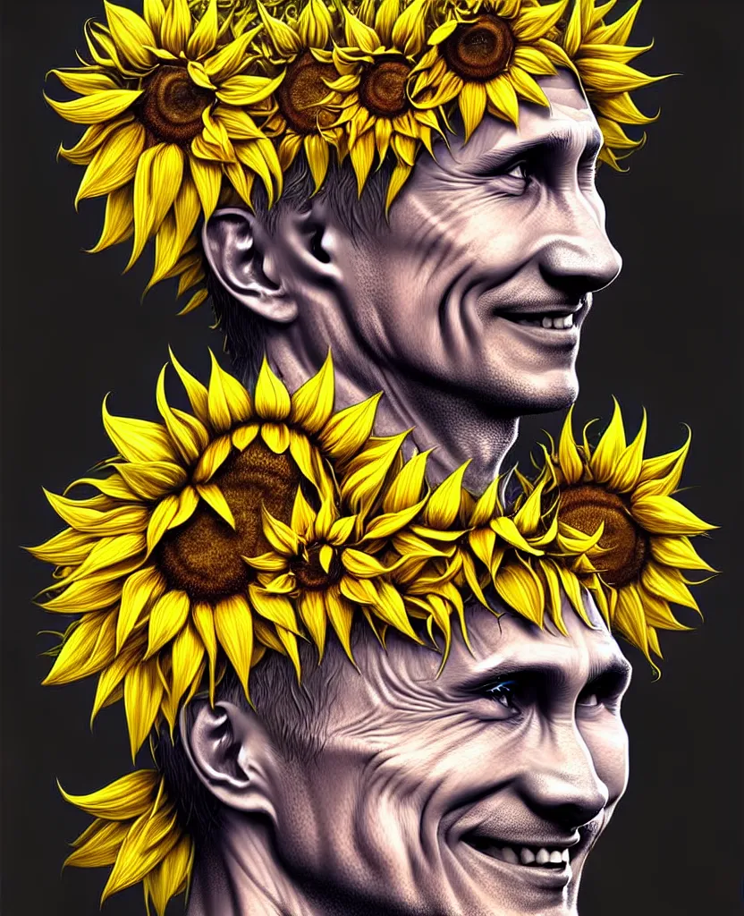 Image similar to digital art, centered full body of Putin smiling king, Sunflower crown, ,intricate, veins, by James Jean and by artgerm , by ross tran ultradetailed, charachter design, concept art, trending on artstation,