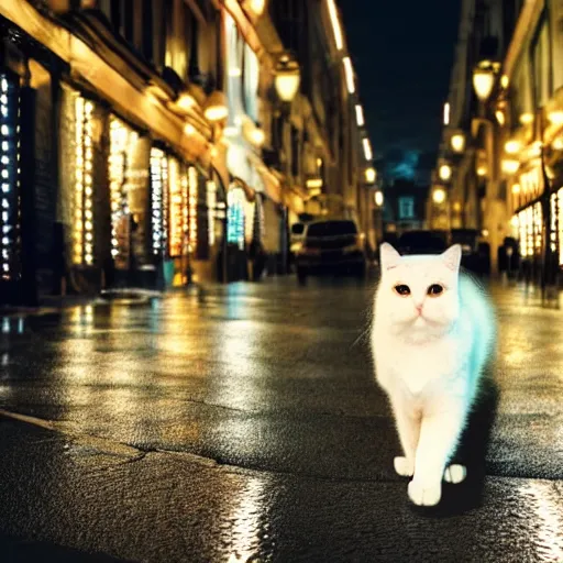 Image similar to fluffy cat crossing the street at night, after rain, reflecting lights, photograph