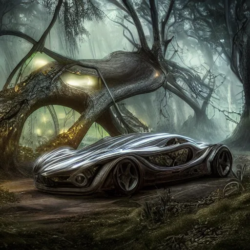 Prompt: magnificent and complex mechanical steampunk vehicle shaped like a fast sports car with (((glowing))) lights abandoned in lush forest with vines hanging from tree branches, fog, desaturated, beautiful, creepy ambiance, 4k, sharp focus, highly detailed, artgerm, giger
