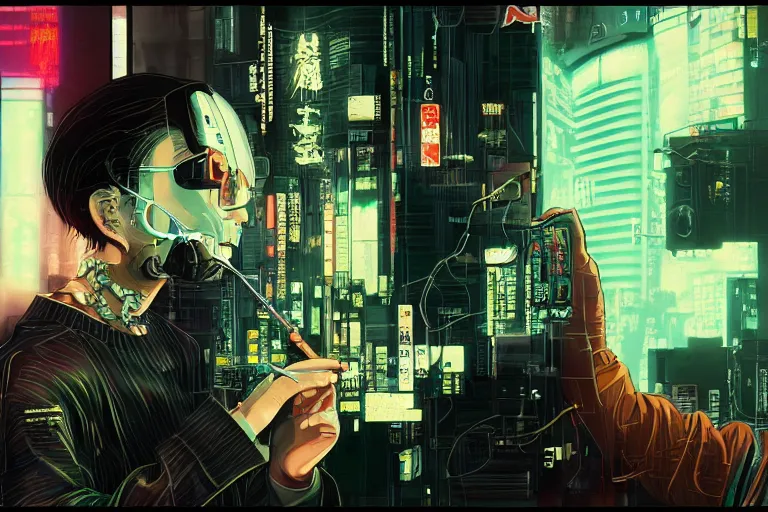 Image similar to man with wires on his head and a cigarette in his mouth, cyberpunk art by hayao miyazaki, behance contest winner, panfuturism, circuitry, darksynth, future tech