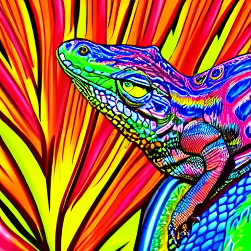 Image similar to psychedelic, photorealistic, colorful lizard in a maximalist style on a background that fades to black