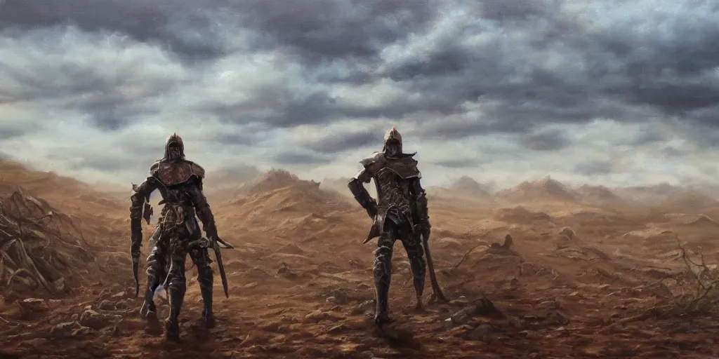 Prompt: a lone warrior to the very right of the image, wasteland. oil painting.