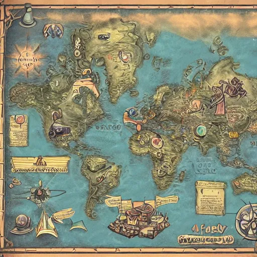Image similar to imaginary map of a fantacy world, different realms, mobile game art, blueprint, infographic, vintage theme, on paper, natural colors, with notes, highly detailed, hyper realistic