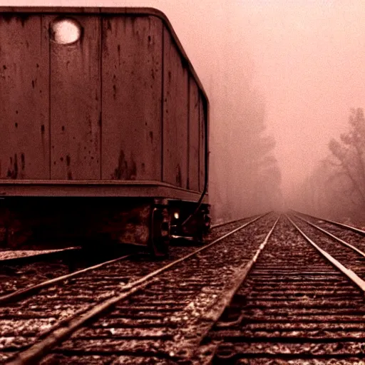 Image similar to the disembodied spirit of a dangerous railroad demon, Boxcar on the railroad, atmospheric and depressed, Cinematic, film still from a horror movie