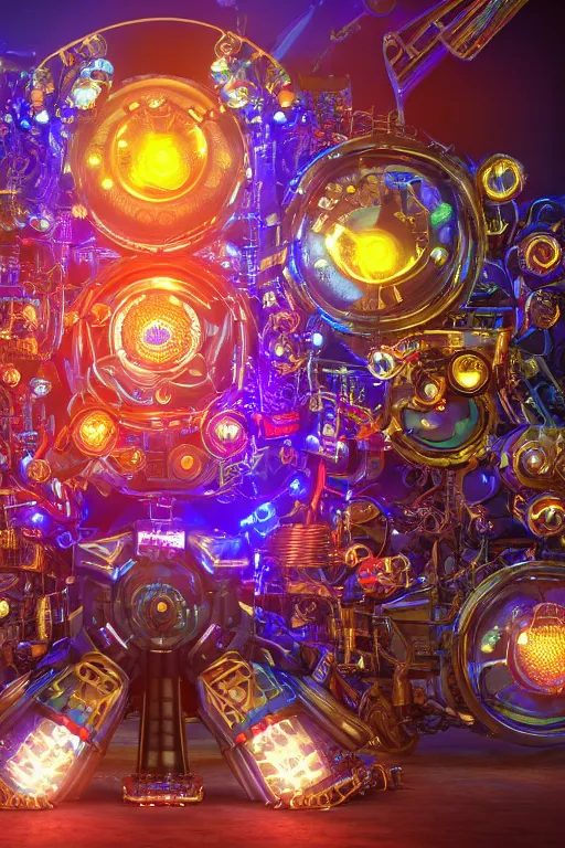Prompt: portrait photo of a giant huge golden and blue metal futuristic steampunk robot covered with multicolored big gears and tubes, a huge steampunk drumset, eyes are glowing red lightbulbs, shiny crisp finish, 3 d render, animusic, 8 k, insaneley detailed, fluorescent colors, background is multicolored lasershow