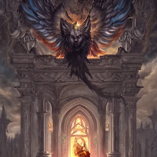Image similar to A epic and beautiful rococo painting of a angelic werewolf inside a burning cathedral. Final boss. Castlevania style. ultra-detailed. Anime, pixiv, UHD 8K CryEngine, octane render