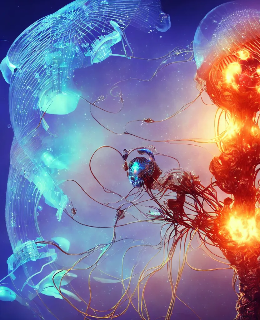 Image similar to close-up portrait of the face of a beautiful princess in a twisted flowers jellyfish mask in a spaceman suit surrounded by energy flow, epic angle and pose, symmetrical artwork, 3d with depth of field, blurred background, floating jellyfish skull phoenix bird, translucent, nautilus, energy flows of water and fire. a highly detailed epic cinematic concept art CG render. made in Maya, Blender and Photoshop, octane render, excellent composition, cinematic dystopian brutalist atmosphere, dynamic dramatic cinematic lighting, aesthetic, very inspirational, arthouse. y Greg Rutkowski, Ilya Kuvshinov, WLOP, Stanley Artgerm Lau, Ruan Jia and Fenghua Zhong