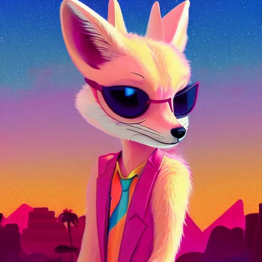 Prompt: fennec fox, neon pink, palm trees, furry, cute, smug facial expression, disney zootopia, zootopia, concept art, aviator sunglasses, smug expression, synthwave style, artstation, detailed, award winning, dramatic lighting, miami vice, digital illustration, 1 0 2 4 x 1 0 2 4