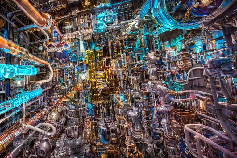 Prompt: over populated sci-fi steampunk city, translucent pipes showing colorful liquid inside, machines, industrial, high definition photograph, documentary still, 55mm,