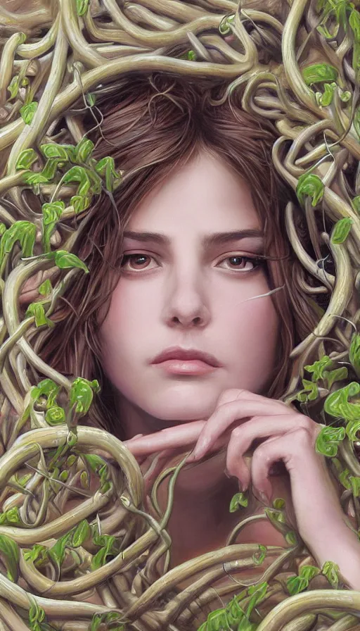 Image similar to very detailed portrait of a 2 0 years old girl surrounded by tentacles, the youg woman visage is blooming from fractal and vines, by rob hefferan