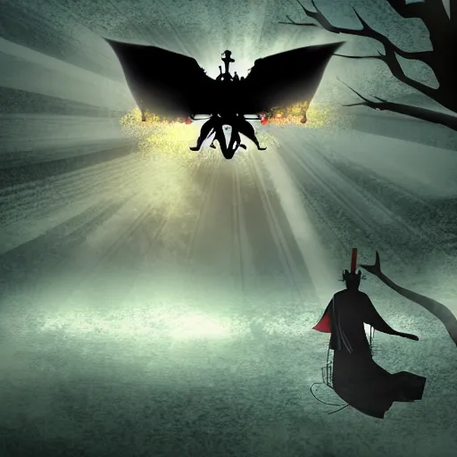 Image similar to a samurai with black demon wings flying towards a tree god rays are shining on him and the tree