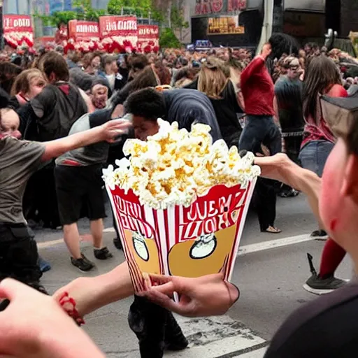 Prompt: world war z wave of zombies but the zombies are popcorn. the popcorn is overwhelming barricades as people try to stop the wave of popcorn
