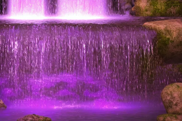 Image similar to A waterfall with glowing purple water. Cinematic lighting. Photorealism.