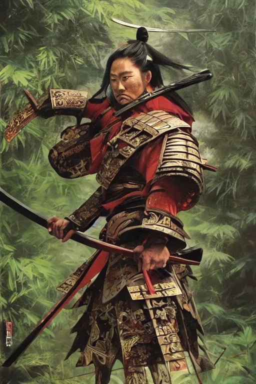 Image similar to close up of samurai in full armor, in a mysterious and ancient bamboo forest filled with yokais, by huang guangjian and gil elvgren, sachin teng, greg manchess