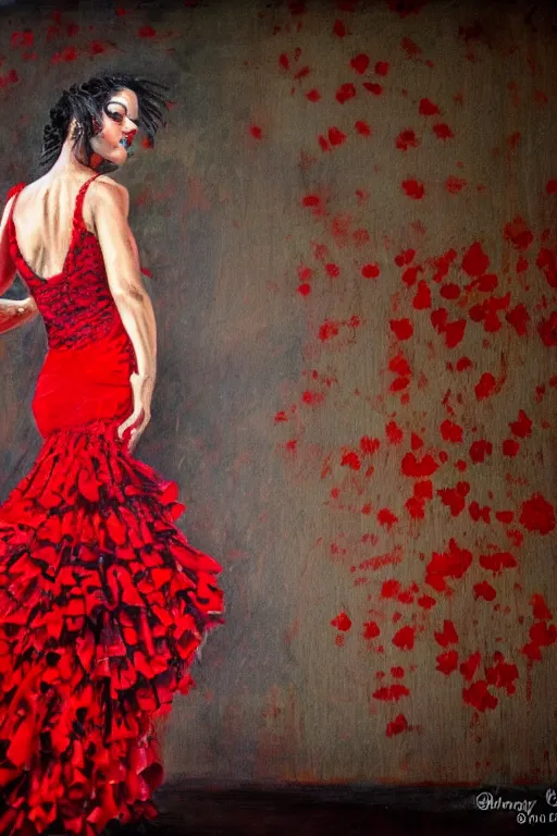 Image similar to detailedoil painting of spanish flamenco dancer in mallorca wearing a red dress made of flowers, dimly lit by candles on the ground, looking away, dark shadows, photo realistic, extreme detail skin, no filter, slr, 4 k, high definition