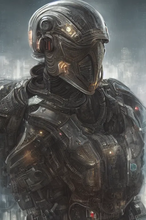 Image similar to ultra realist and ultra intricate detailed soft painting of a beautiful sci-fi armored male, from the waist up, sci-fi helmet, symmetry features, sensual gloomy style, volumetric clouds, cyberpunk burning building background, artstation, unreal render, depth of field