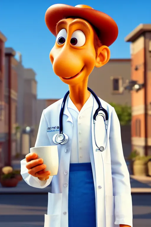 Image similar to portrait of a doctor holding a cup of coffee, hospital in background, full body. pixar disney 4 k 3 d render funny animation movie oscar winning trending on artstation and behance. ratatouille style.