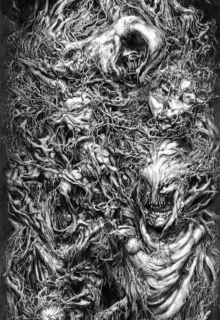 Image similar to a strange eerie magical scary creature in an eerie uncanny hell, transluscent neon, horror, concept art, detailed, intricate, award - winning, cinematic, by kentaro miura