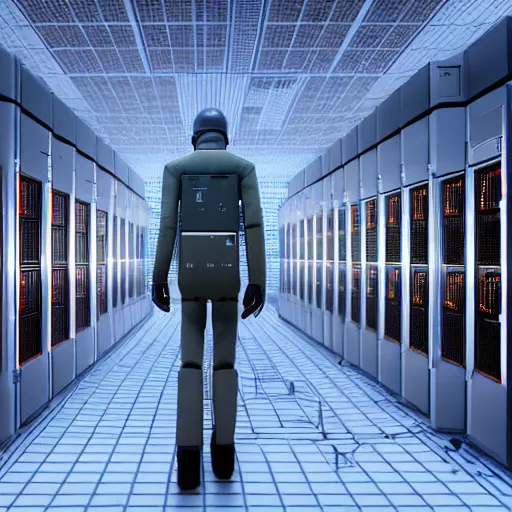 Image similar to hyperrealism detailed photography scene from stanley kubrick movie of highly detailed stylish system administrator from 2 0 7 7's as droid in josan gonzalez, gragory crewdson and katsuhiro otomo, mike winkelmann style with many details working at the detailed data center by laurie greasley hyperrealism photo on dsmc 3 system volumetric epic light rendered in blender
