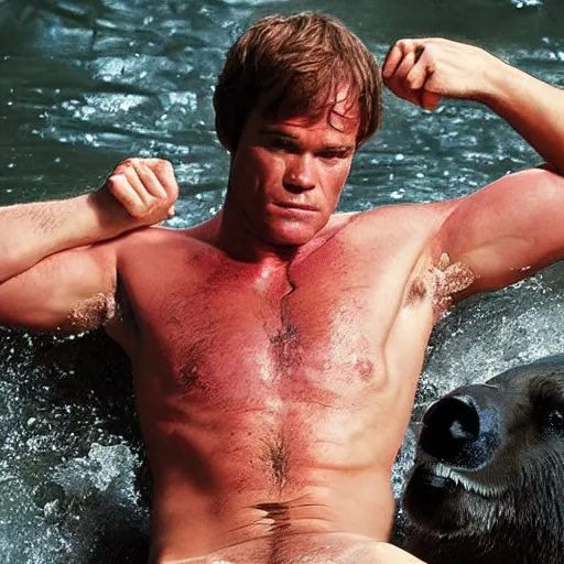 Prompt: shirtless dexter morgan riding a bear in a river documentary footage