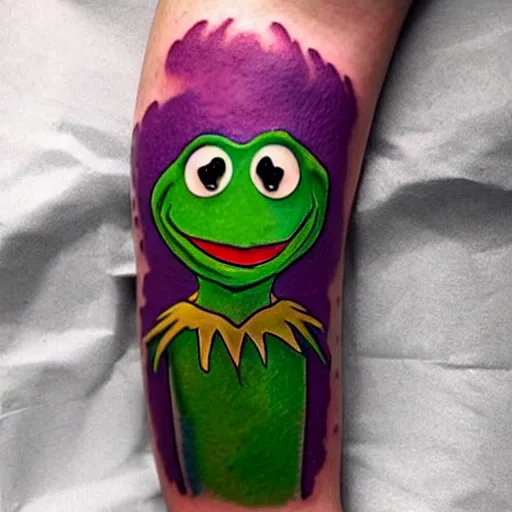 Image similar to tattoo of kermit the frog from sesame street dressed as the joker