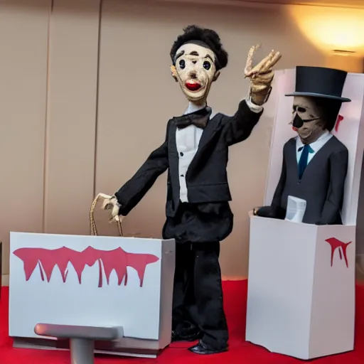 Image similar to mad puppeteer using marionette of a president in a podium