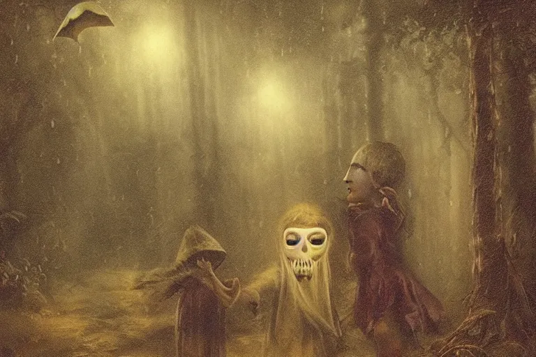 Prompt: a children talking with a macabre ethereal wrapped stained macabre phantom in the middle of a rain forest at night, realistic, obscure, dramatic scene