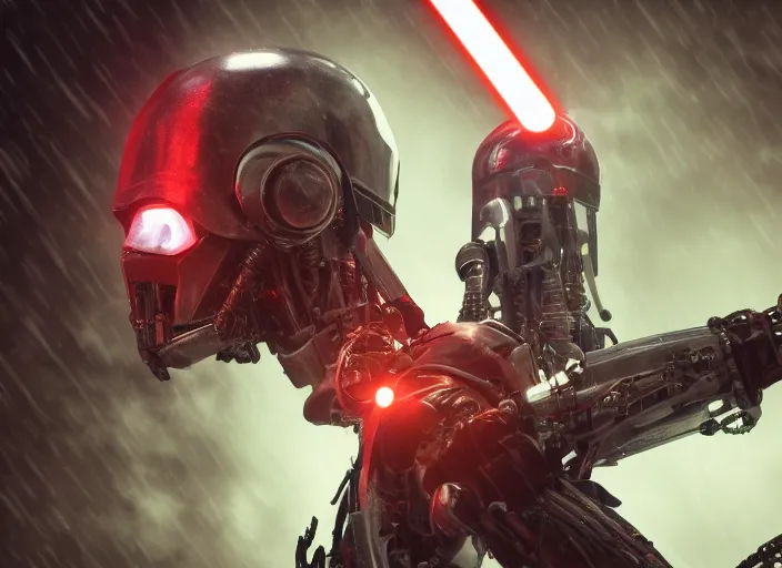 Image similar to 3 5 mm portrait photo of general grievous face with heavy duty biomechanical cybernetic body with 4 arms holding red lightsabers in the city in the rain. cyberpunk horror in the style of george lucas. unreal engine render with nanite and path tracing.