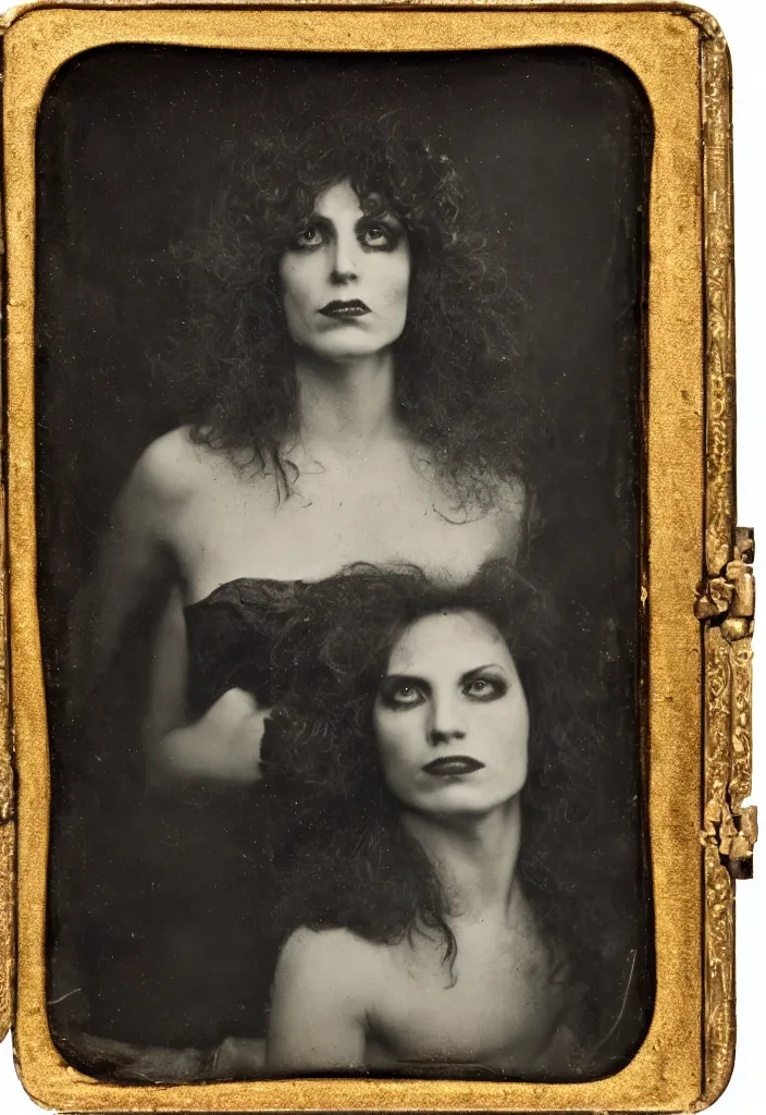 Prompt: Daguerreotype of an 80s glam rock singer, classical portrait