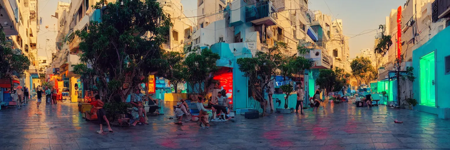 Prompt: the streets of tel aviv, israel, summer, morning, vivid colors, neon, art by gregory crewdson and artgerm and wlop and william - adolphe bouguereau