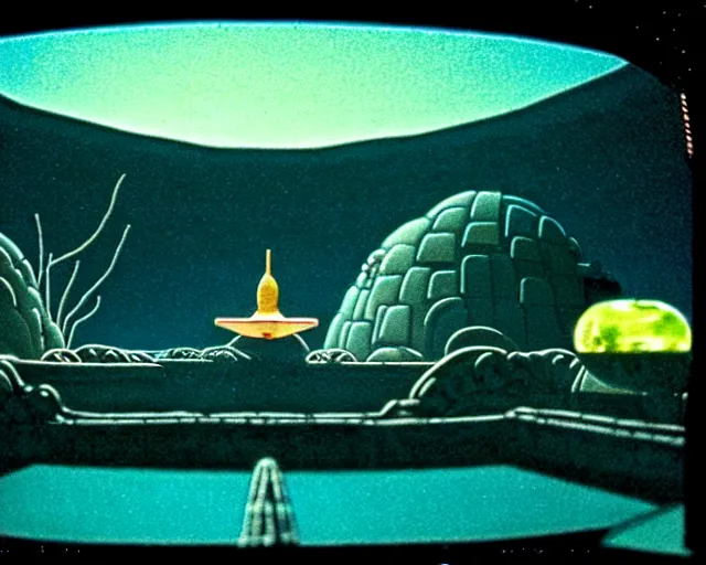 Image similar to low angle shot of a space station at night, aquatic plants, coral, shabby chic, cinematography by Jim Jarmusch, composition by Moebius, in the style of Neo Rauch, set design by Antonin Gaudí, 35mm, polaroid, color film photography, soundtrack by Pink Floyd, written by James Joyce